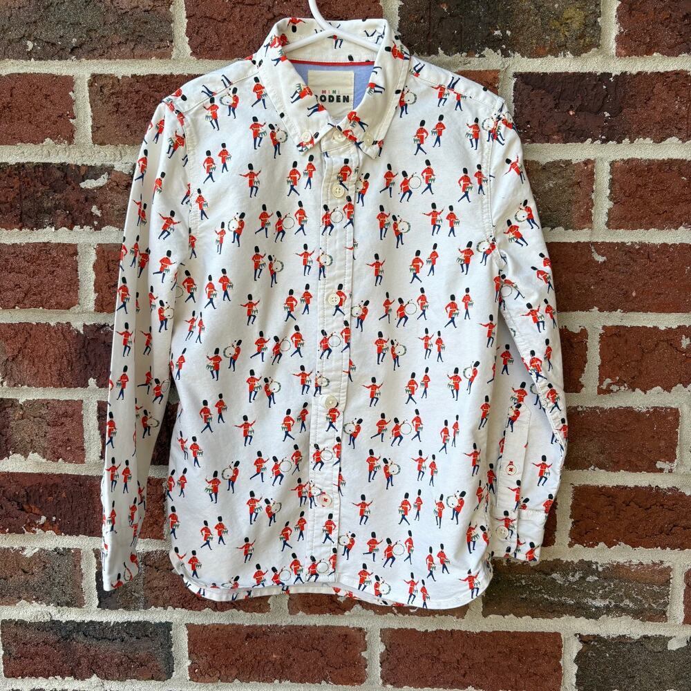 Mini Boden British Guards Novelty Print Button Down Shirt Boys 7-8Y